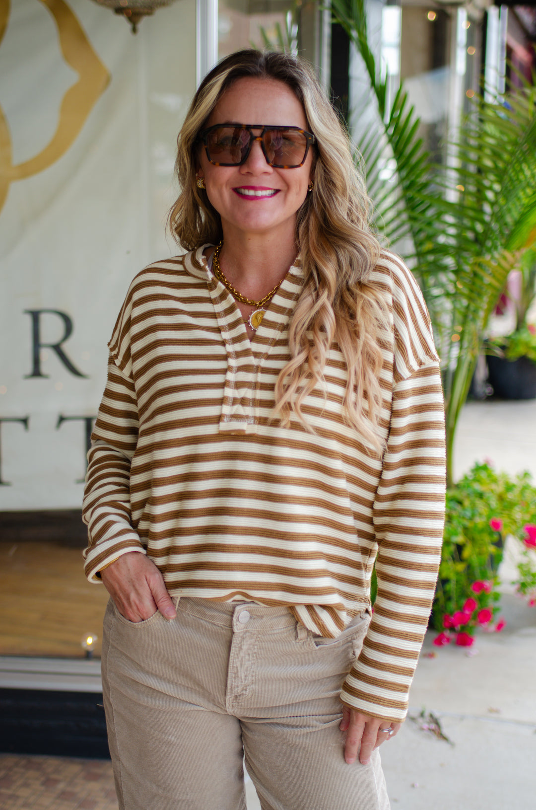 Take Your Time Textured Stripe Split Neckline Long Sleeve Top in Camel