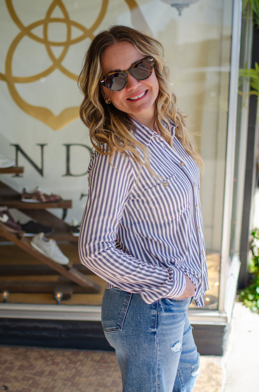 Classic Style Soft Stretch Knit Button Down Collard Top in Charcoal Stripe