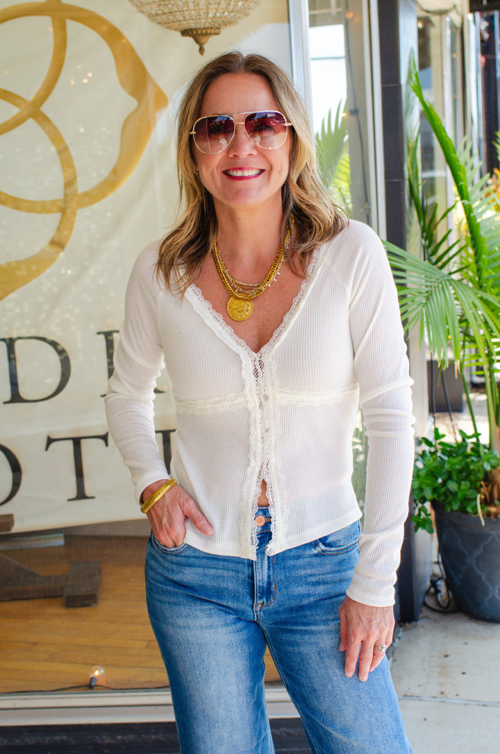 Made Your Day Lace Open Front V-Neck Top in Cream