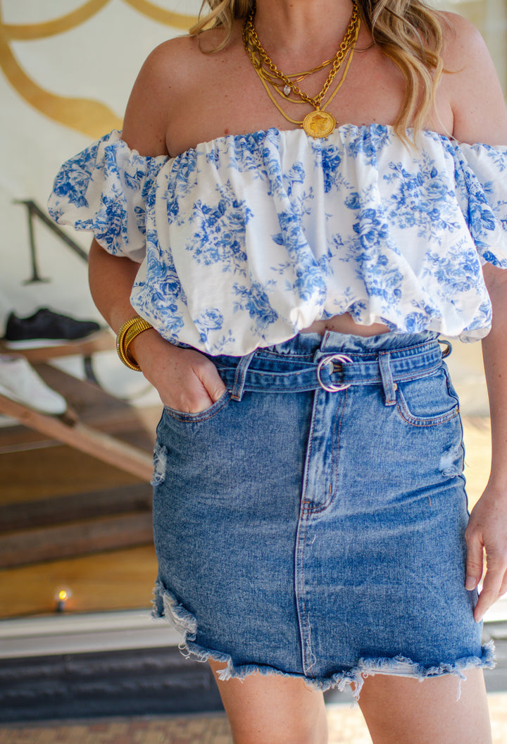 Take It Back Acid Washed High Rise Distressed Belted Denim Skirt