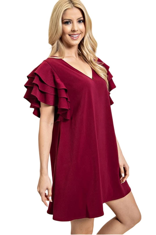 In Your Love V-Neck Ruffled Sleeve Shift Dress in Wine