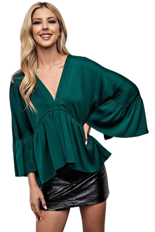 Heartbreaker Bell Sleeve Satin Top in Hunter Green