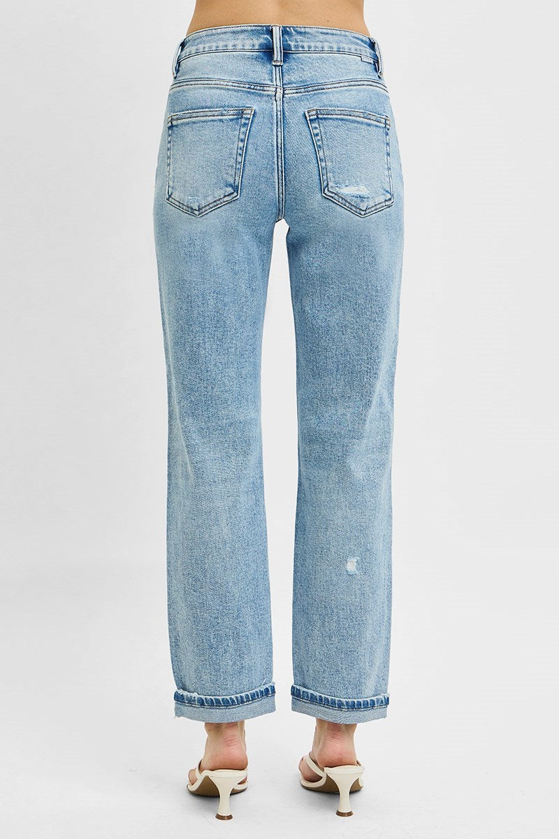 Risen High Rise Ankle Boyfriend Distressed Jeans in Light Wash