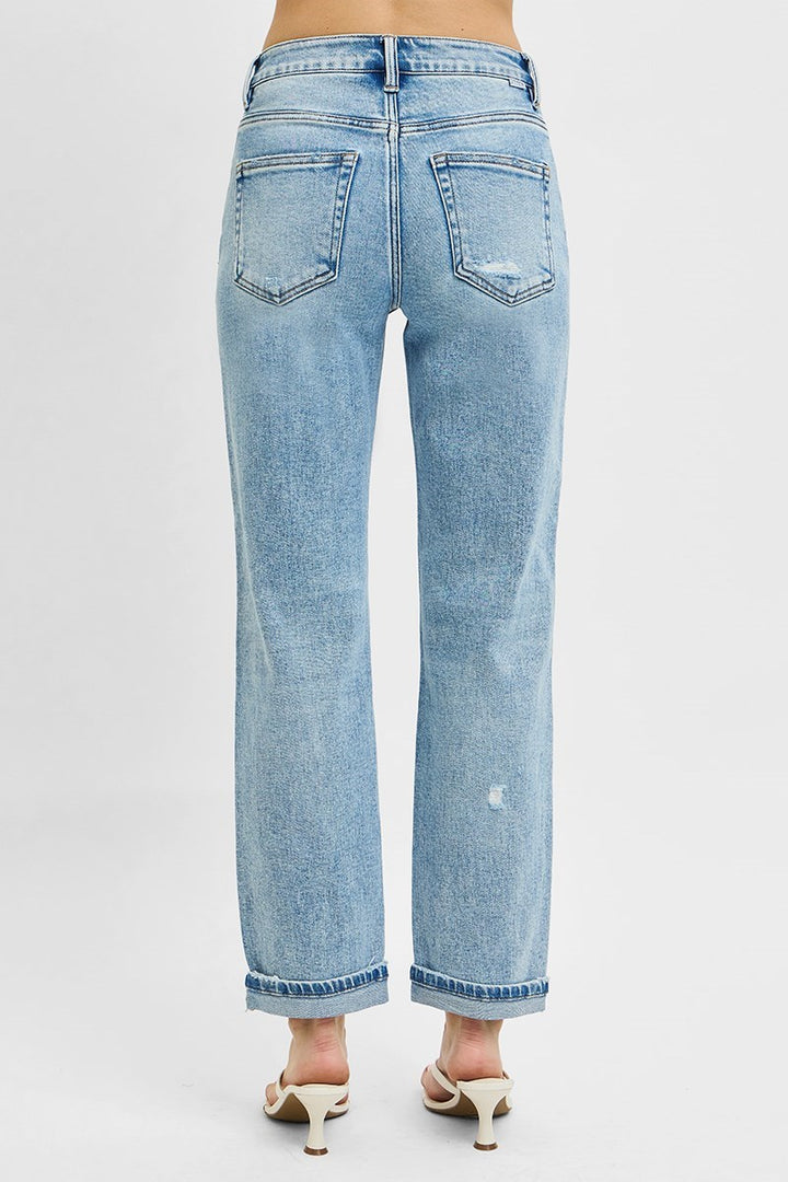 Risen High Rise Ankle Boyfriend Distressed Jeans in Light Wash