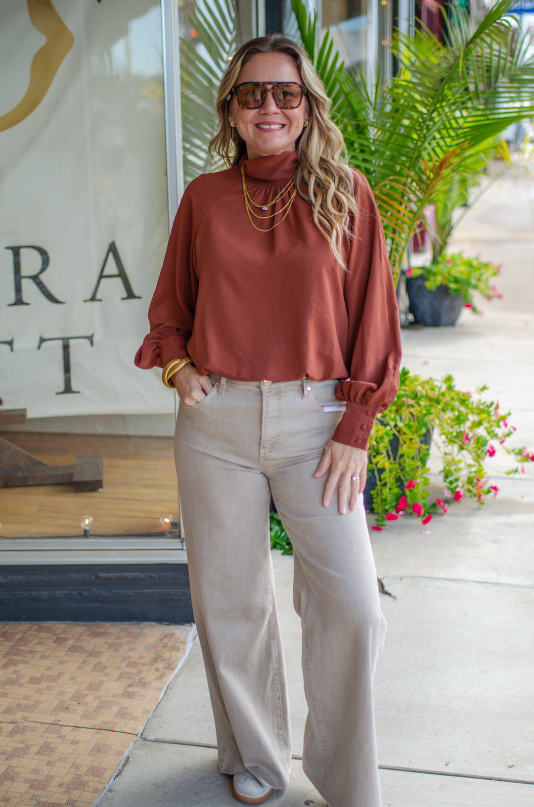 Take Your Time High Necklace Bubble Hem Long Sleeve in Cinnamon