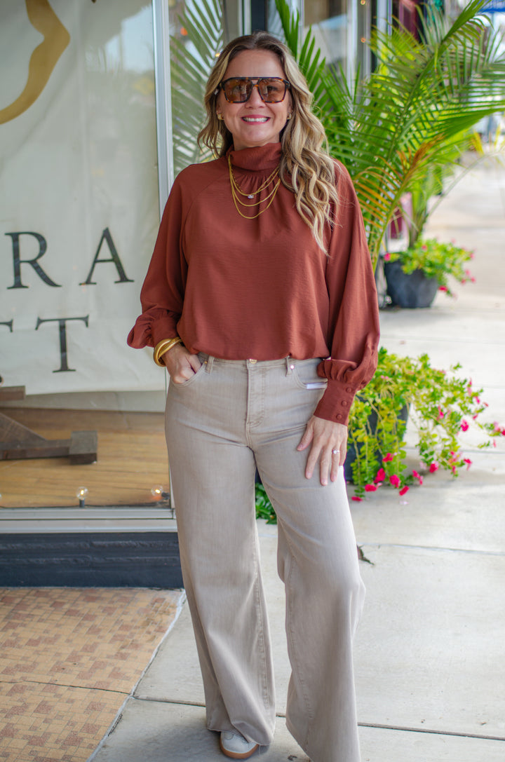 Take Your Time High Necklace Bubble Hem Long Sleeve in Cinnamon