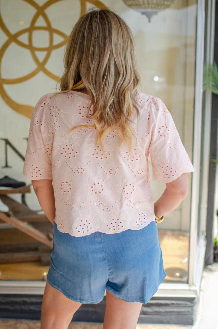 Charmed Eyelet Short Sleeve Top in Blush