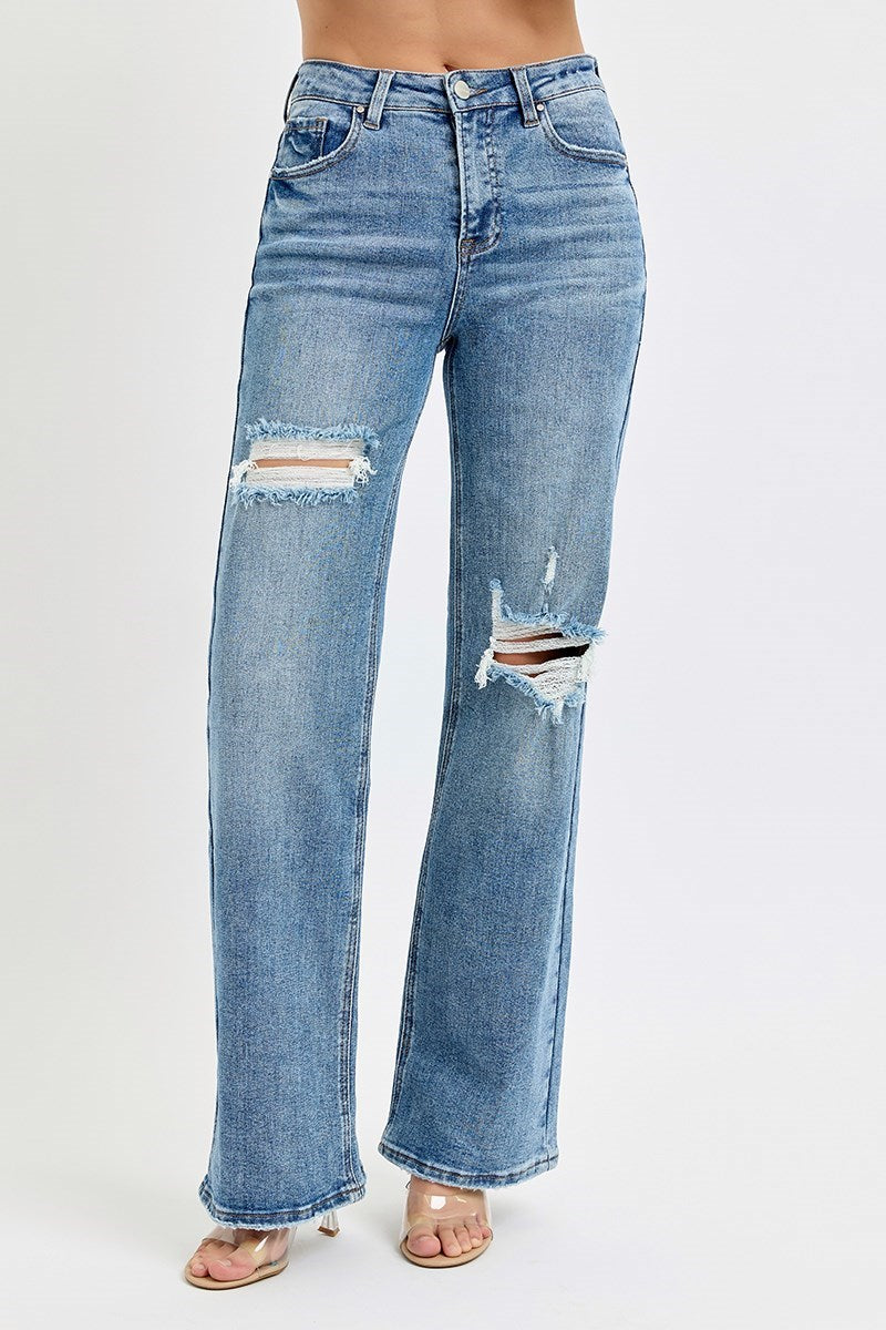 Risen High Rise Wide Leg Ripped Jeans in Medium Wash