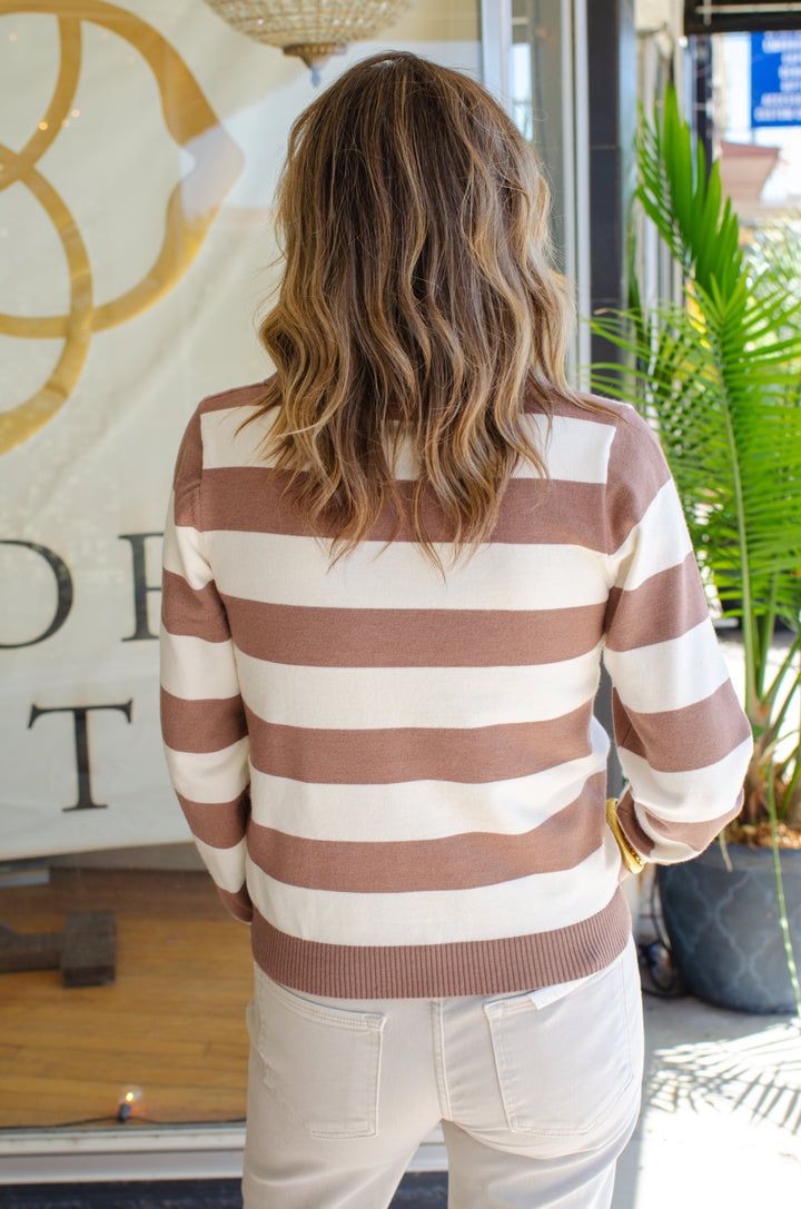 Take It In Stride Stripe Collar Sweater Top in Mocha & Off White