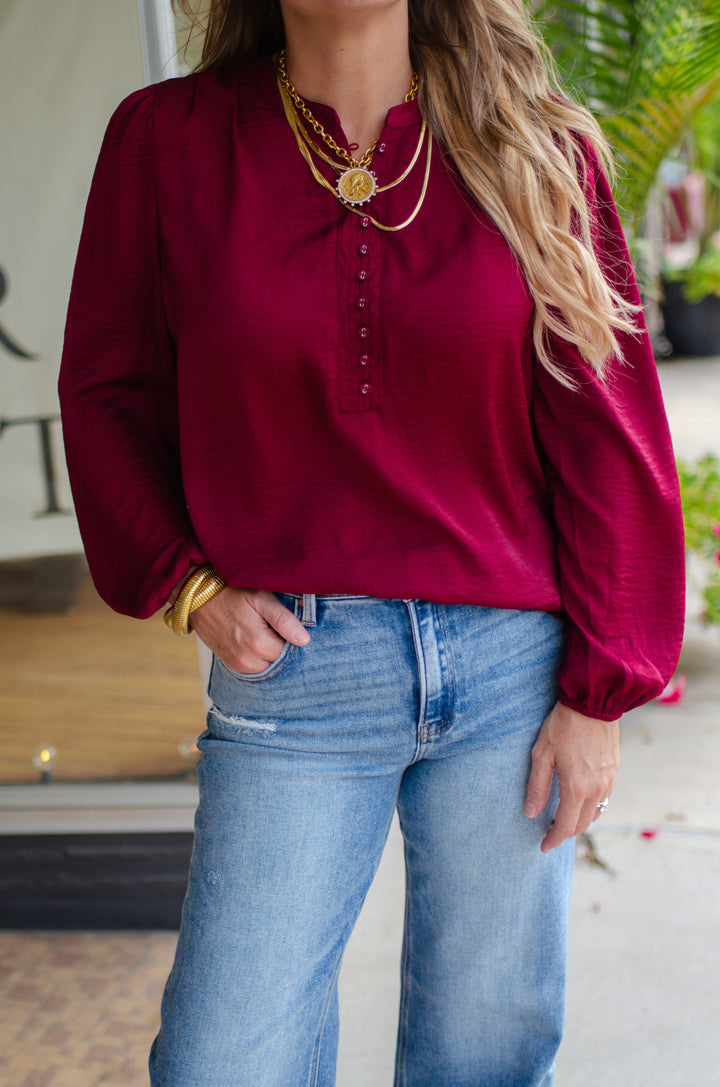 Weekend Romance Silky Button Down Blouse in Burgundy