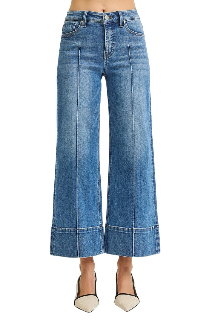 Risen Tummy Control Mid Rise Pin Tuck Crop Wide Leg Pants in Medium Wash