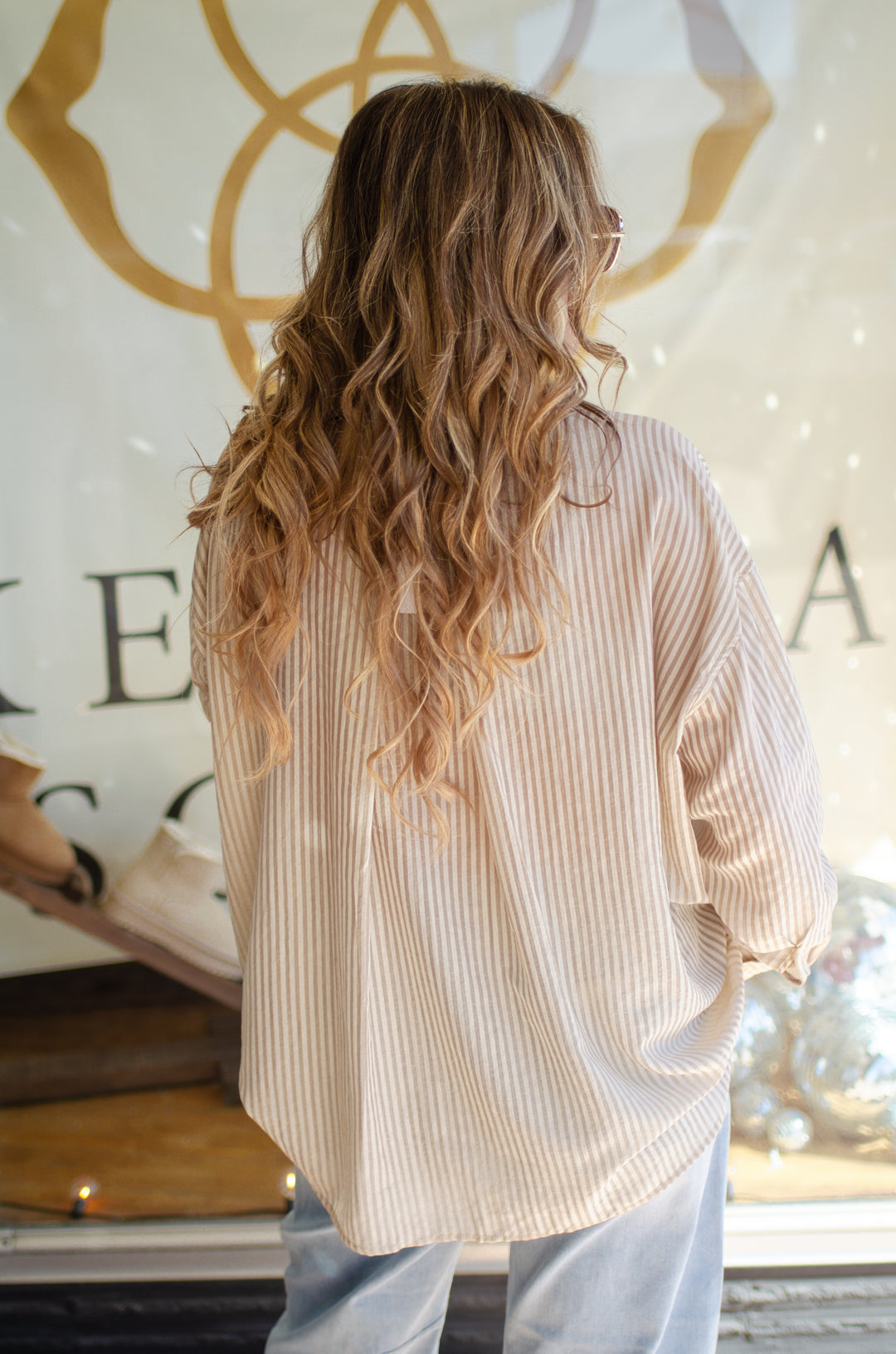 See Trough You Stripe Sheer Button Down Collared Top in Taupe