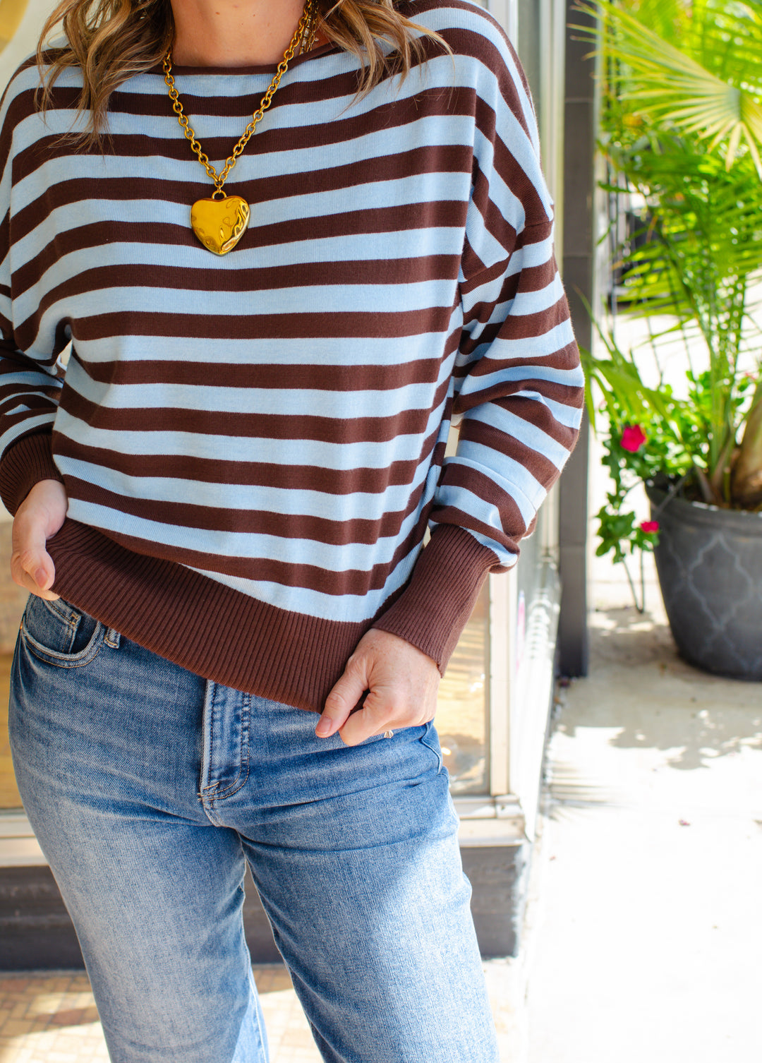 Perfect Stripe Boat Neckline Sweater in Chocolate & Blue