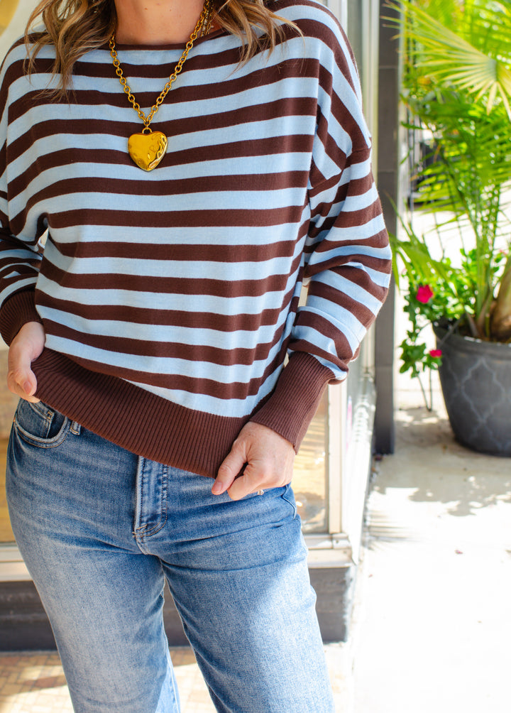 Perfect Stripe Boat Neckline Sweater in Chocolate & Blue