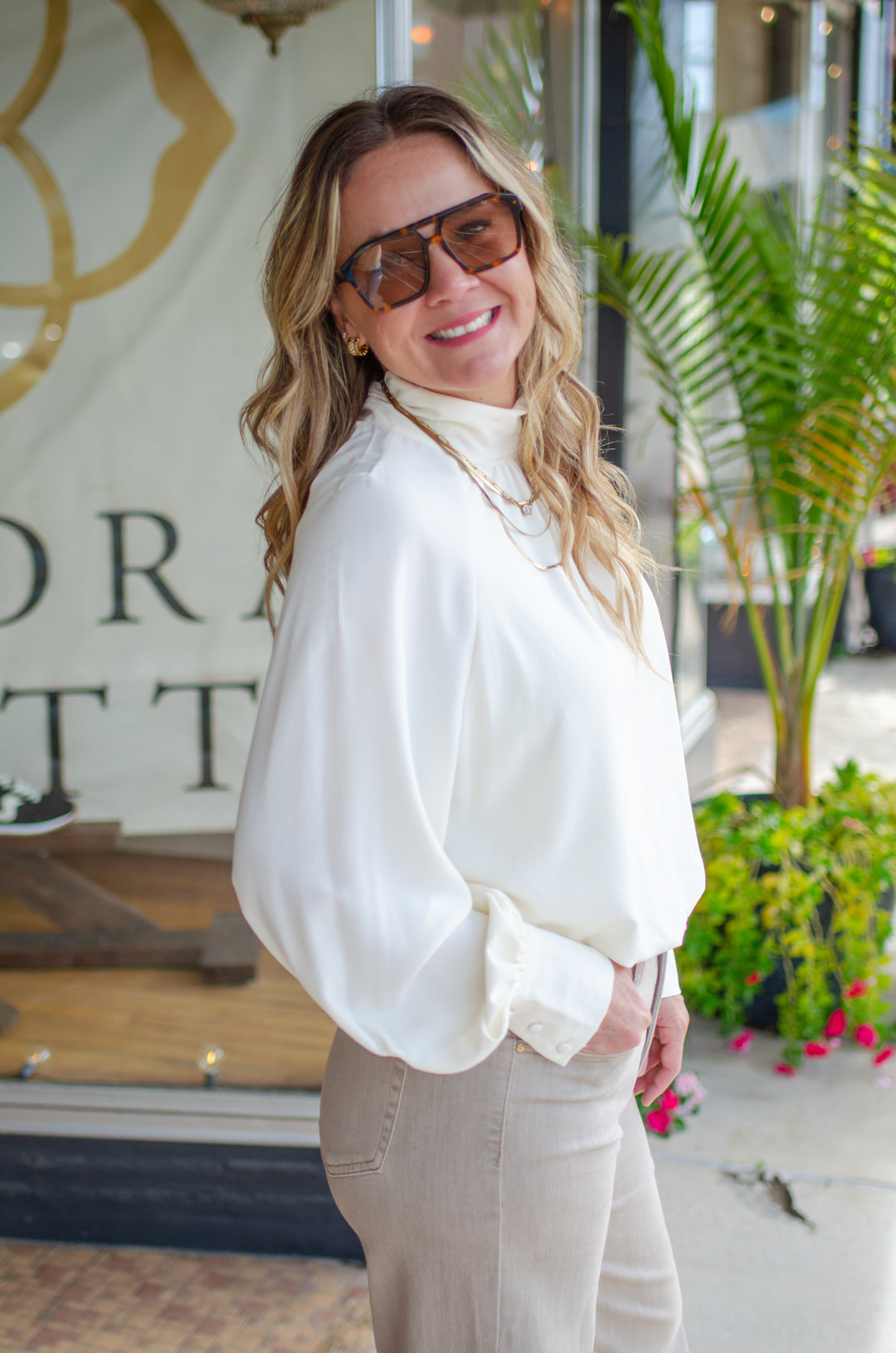 Take Your Time High Necklace Bubble Hem Long Sleeve in Cream