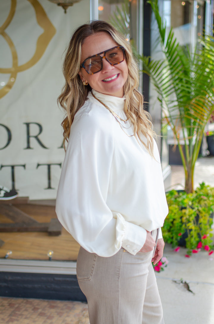 Take Your Time High Necklace Bubble Hem Long Sleeve in Cream