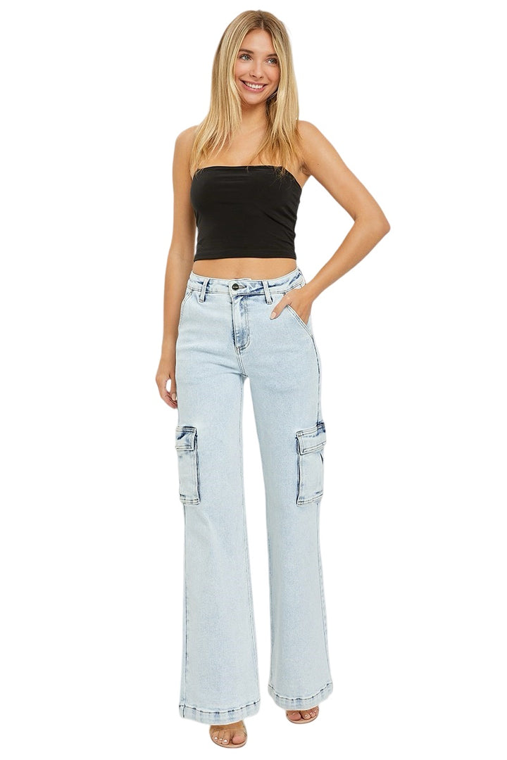 Risen High Rise Wide Leg Cargo Jeans in Light Wash