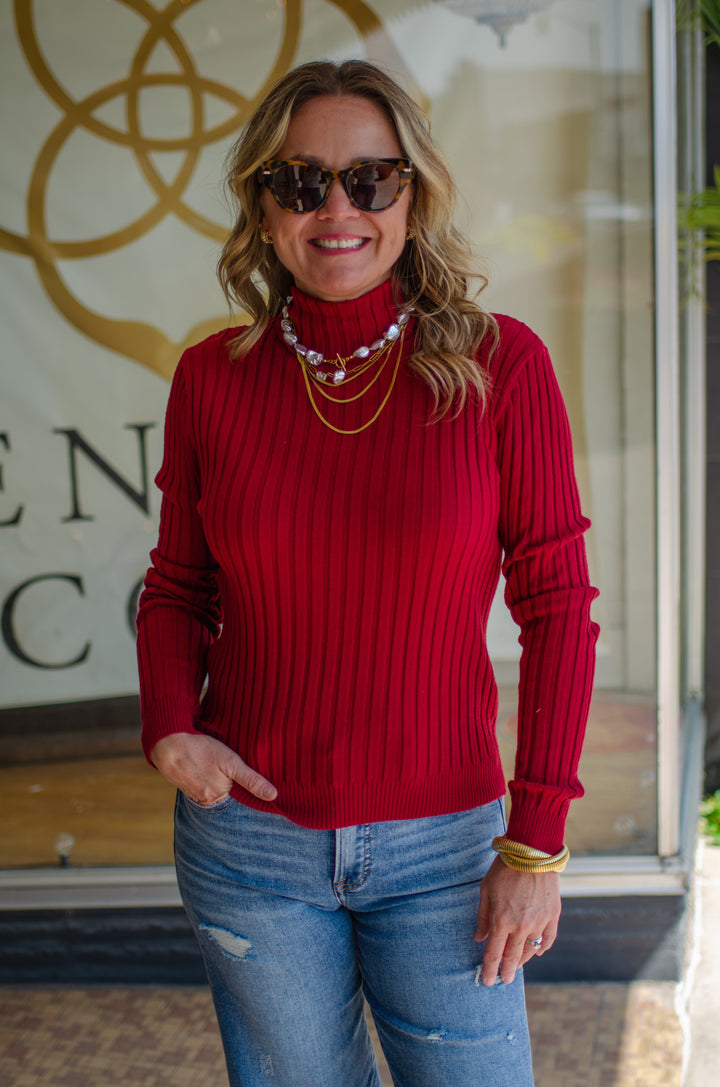 Fall Staple Mock Neck Ribbed Long Sleeve Top in Burgundy