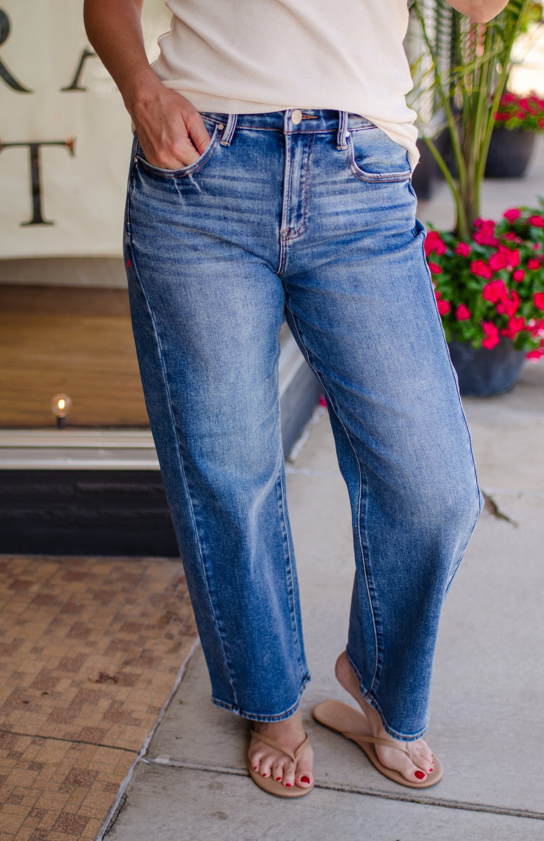 Risen High Rise Crop Length Barrel Jeans in Dark Wash