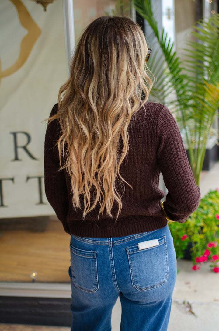 Stylish Moments Gold Button Detailed Sweater Top in Brown