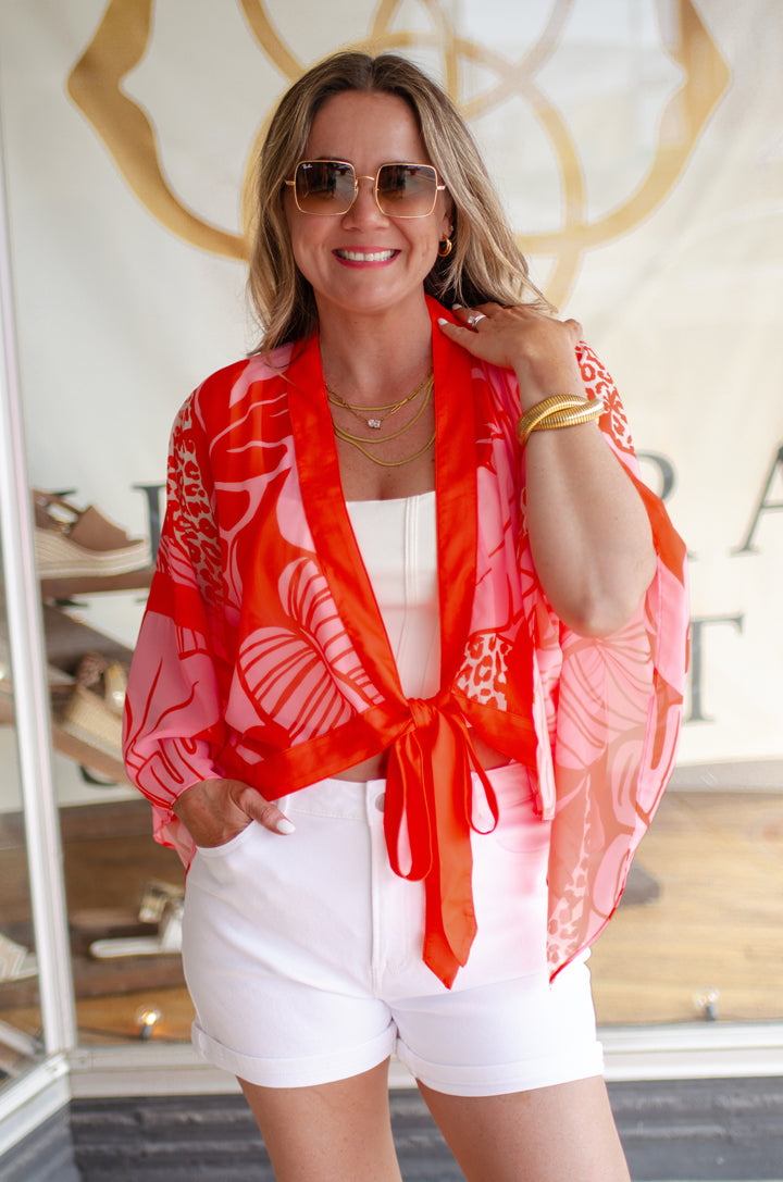 Here Comes The Sun Coral Floral Tie Front Kimono Top