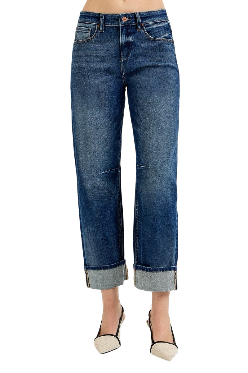 Risen Slouchy Crop Barrel Cuffed Jeans in Dark Wash