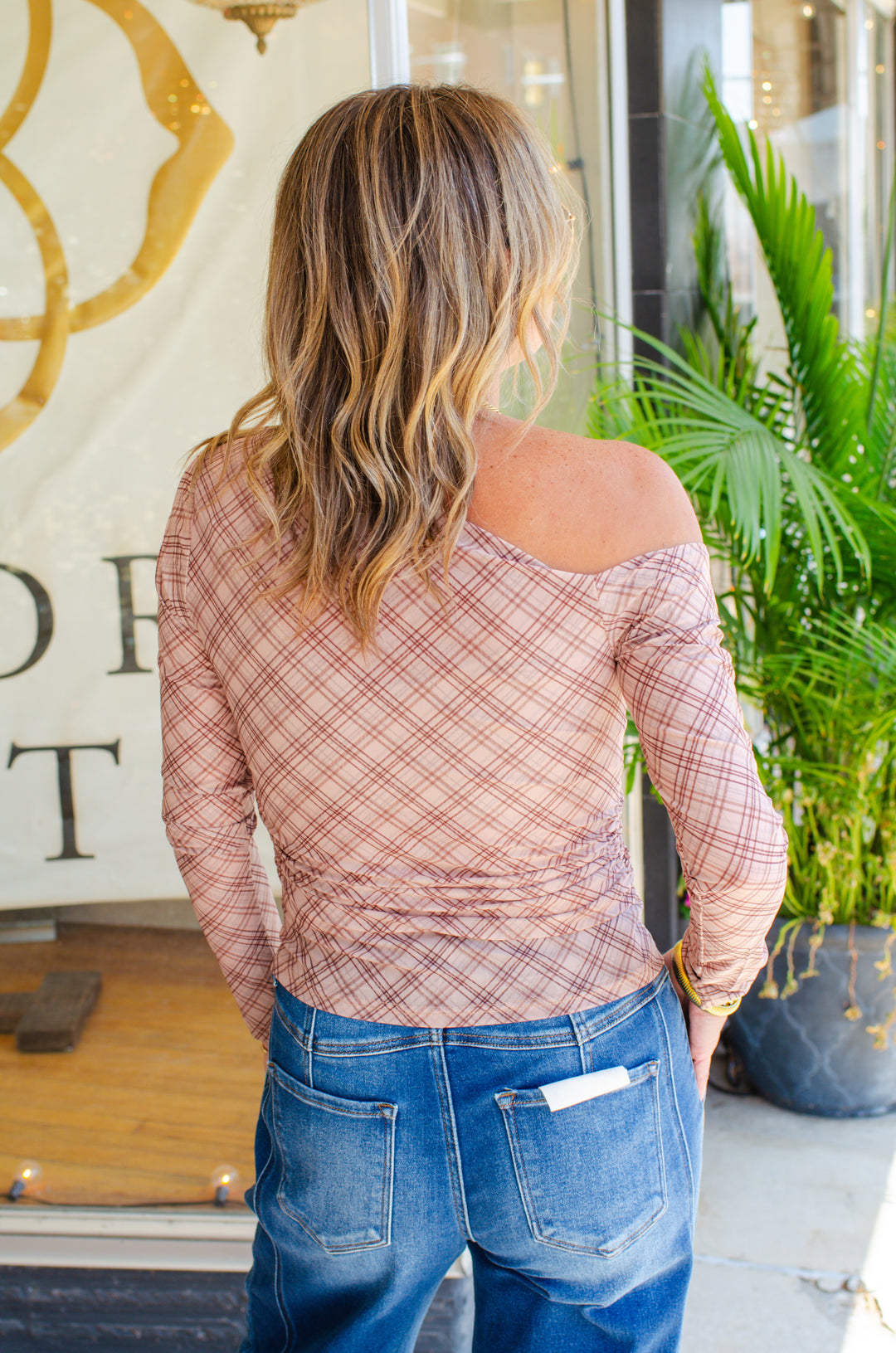 Striking Plaid Mesh Off Shoulder Top in Beige