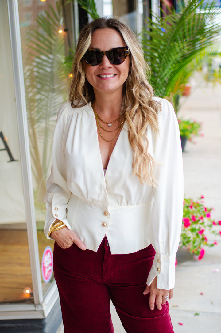 Run To You Long Sleeve Surplice Top with Gold Button Detail in Cream