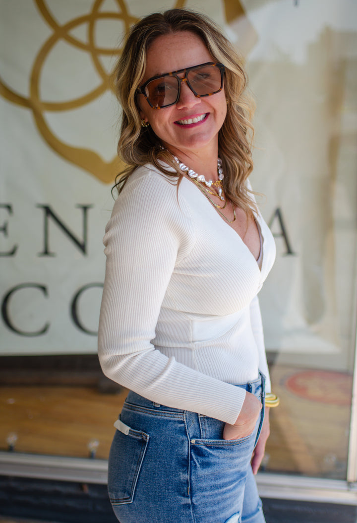 Turn Me Around Twist Front Ribbed Bodysuit in Cream