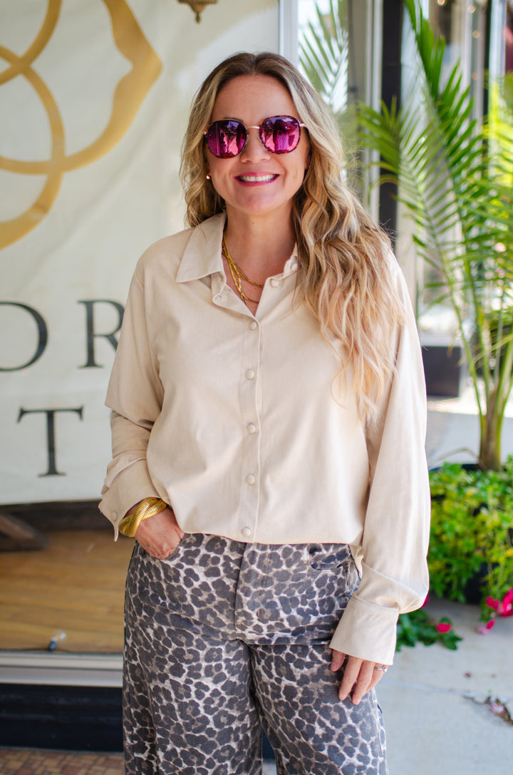 Chic Date Night Suede Like Button Down Top in Cream