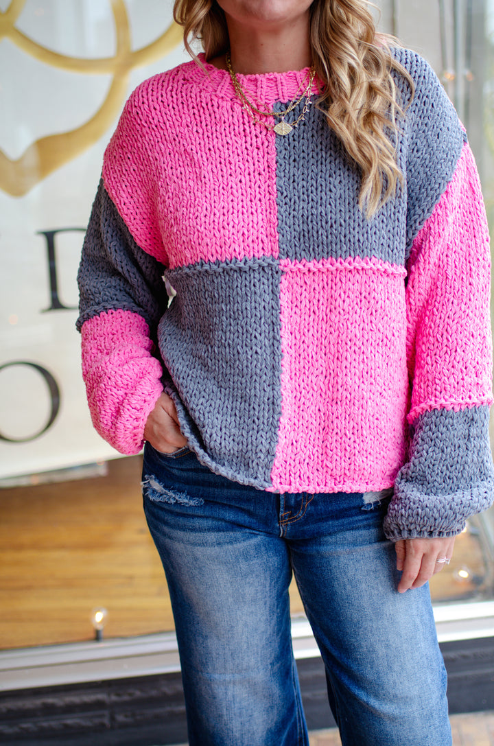 Pink & Grey Chunky Knit Color-block Sweater