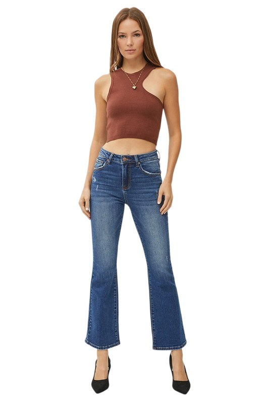 Risen High Rise Ankle Flare Crop in Dark Wash