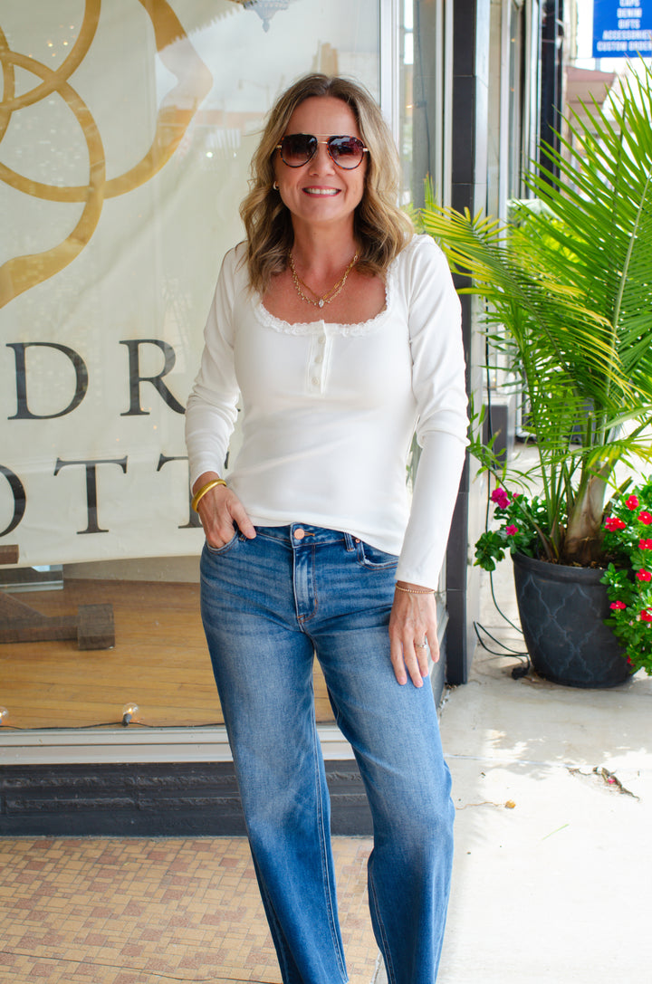 Everyday Fall Lace Trim Neckline Long Sleeve Button Down in White