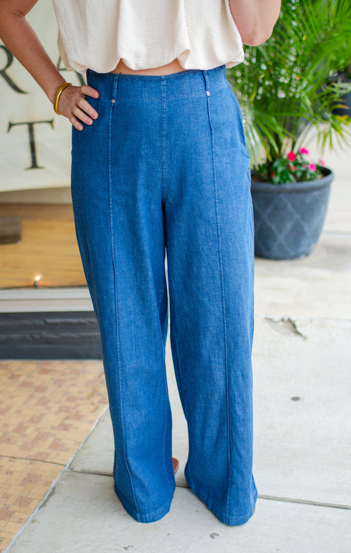Summer Stroll Chambray High Rise Wide Leg Pintuck Pants