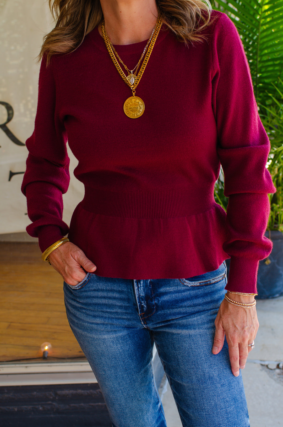 Hold Me Close Fitted Peplum Sweater in Wine
