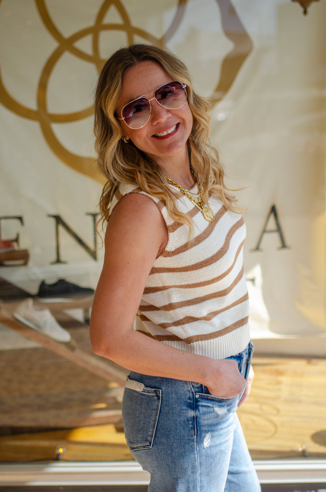 Summer Romance Knit Stripe Bow Back Top in Khaki