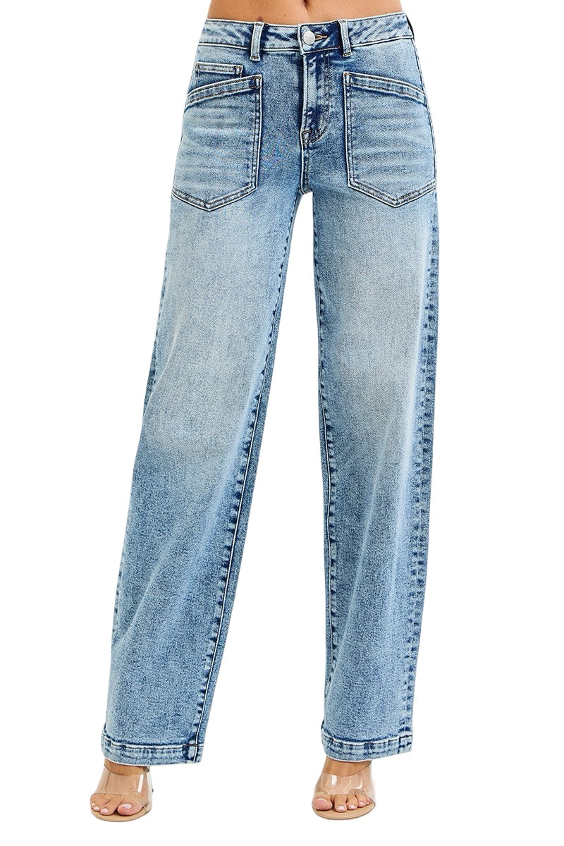 Risen High Rise Ankle Wide-Cuffed Jeans in Medium