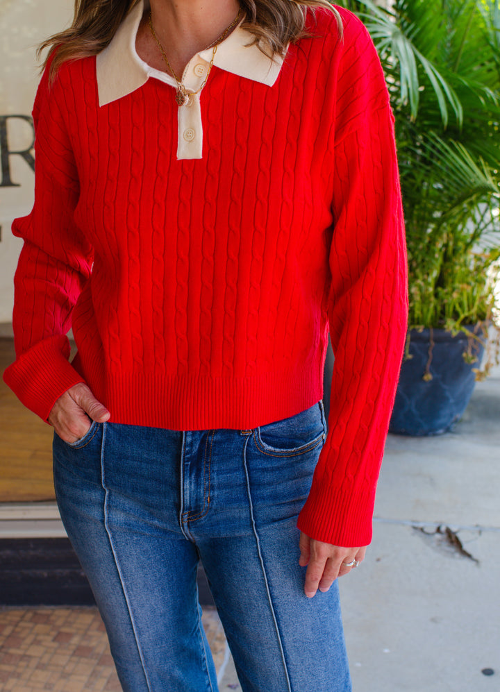 Preppy Way Collared 2-Tone Cable Knit Sweater in Red