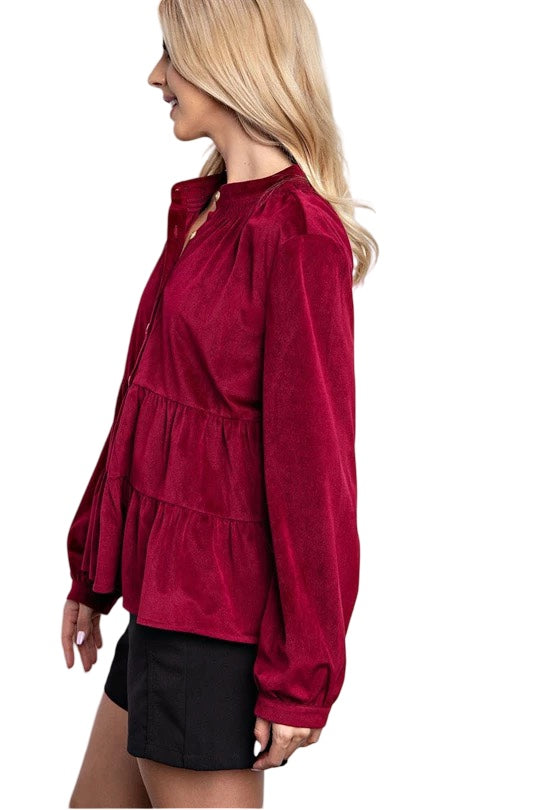 Dreaming of You Corduroy Tiered Button Down Long Sleeve Top in Wine