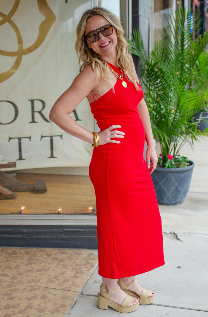 Show Stopper Red Halter Ribbed Midi Dress
