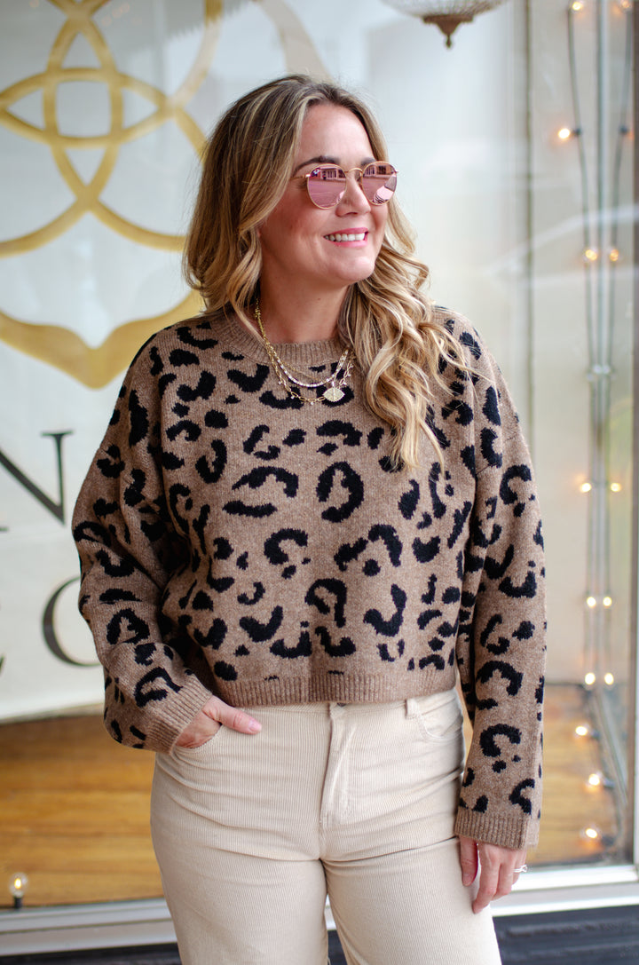 Cheetah Chic Knit Sweater in Camel