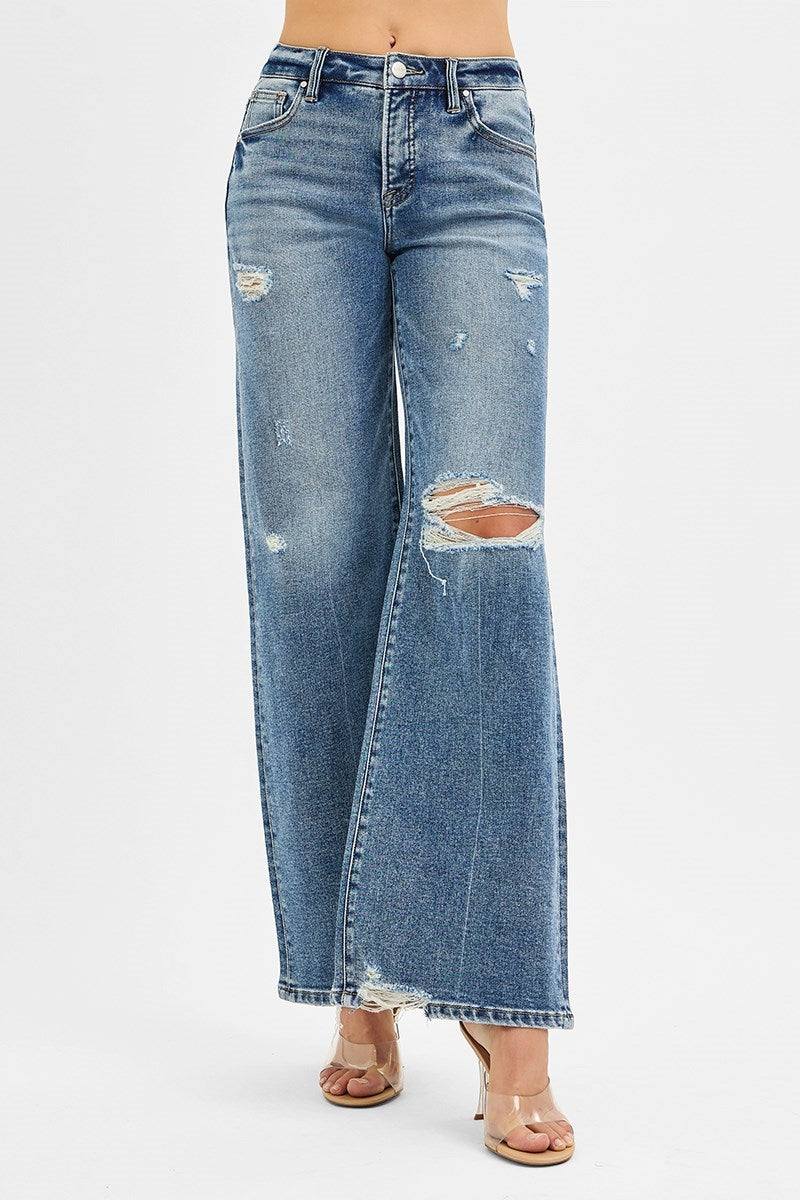 Risen Mid Rise Tummy Control Wide Jeans in Medium Wash