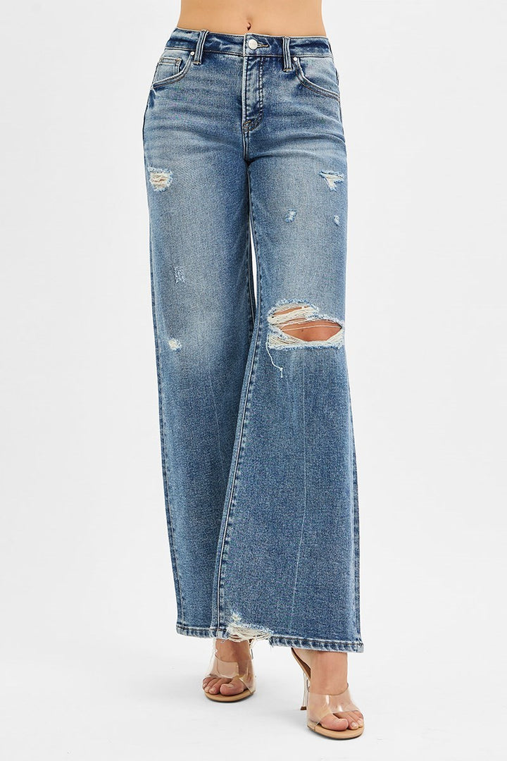 Risen Mid Rise Tummy Control Wide Jeans in Medium Wash