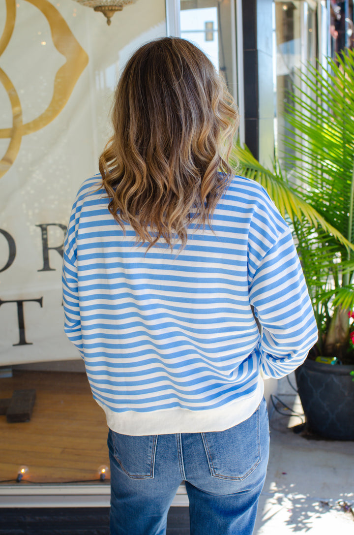 Cozy Casual Stripe Sweatshirt in Cream & Blue