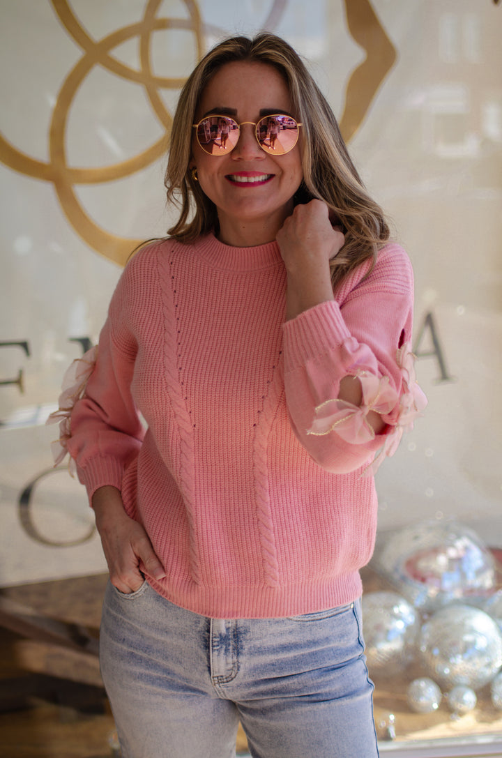 Be Mine Pink Knit Sweater with Bow Detail on Sleeves