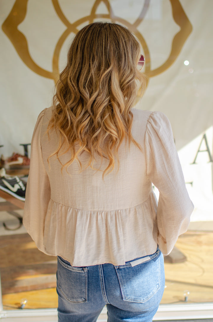 Sweet Surrender Eyelet Crochet Tie Front Long Sleeve in Beige