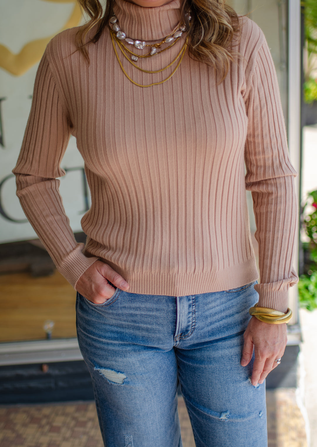 Fall Staple Mock Neck Ribbed Long Sleeve Top in Camel