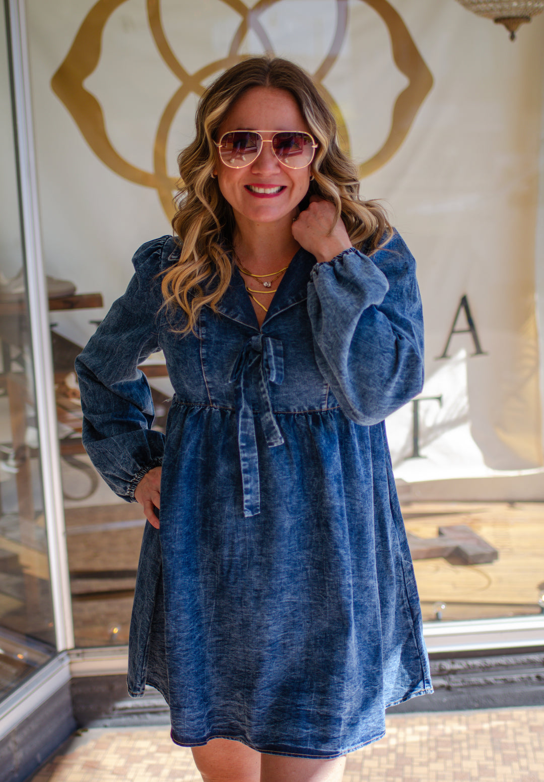 Denim Dreamer Bow Front Washed Dark Denim Dress