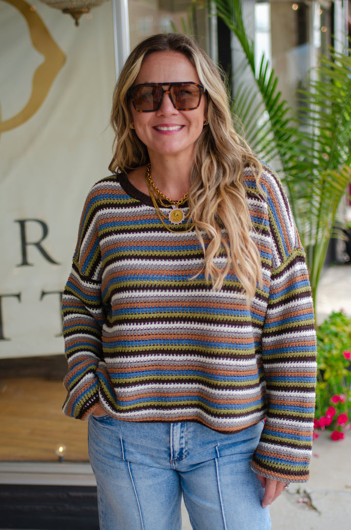 Vintage Feel Multicolor Stripe Long Sleeve Pullover Sweater