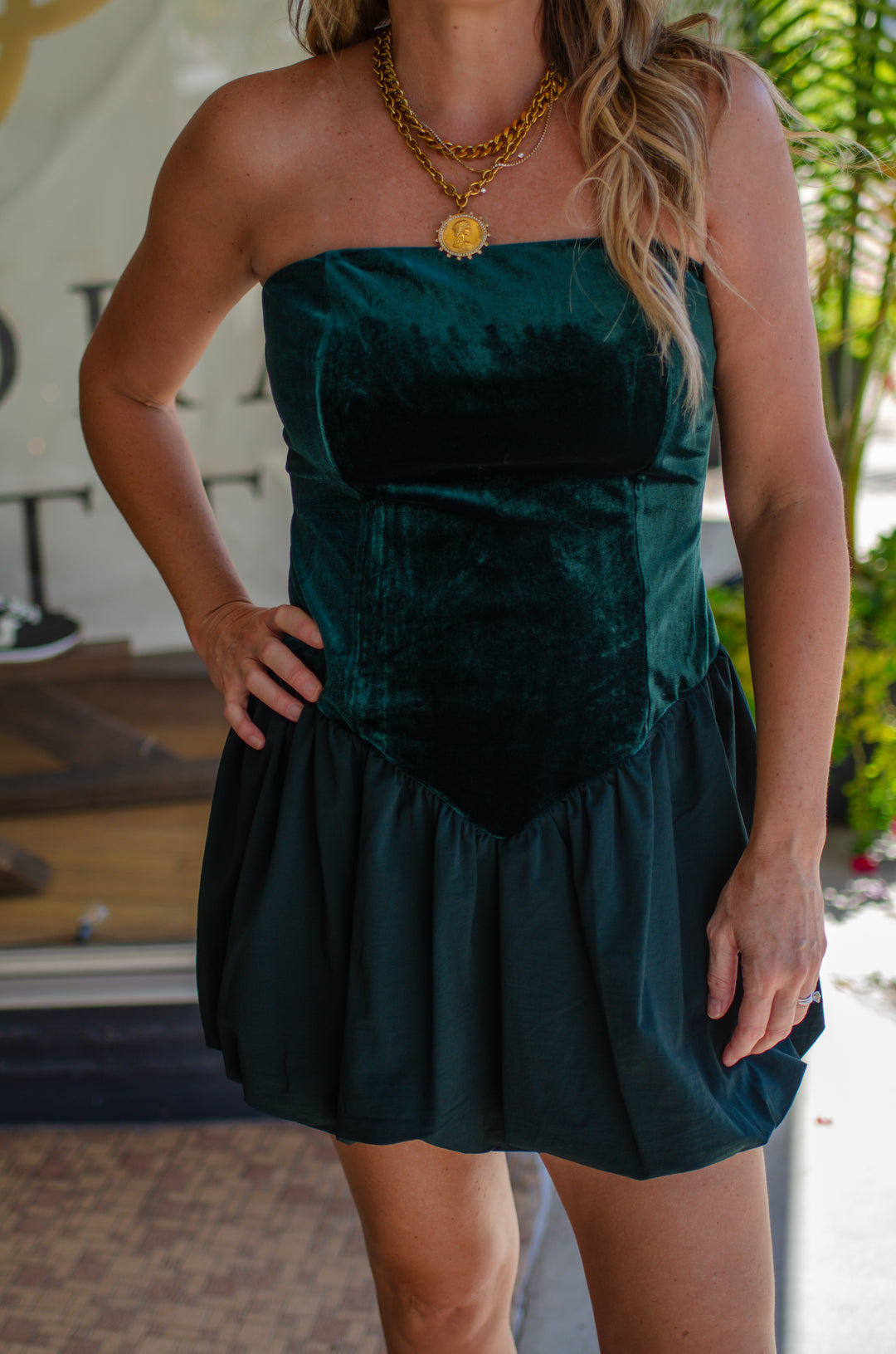 Take Me Out Velvet Strapless Bubble Hem Dress in Emerald